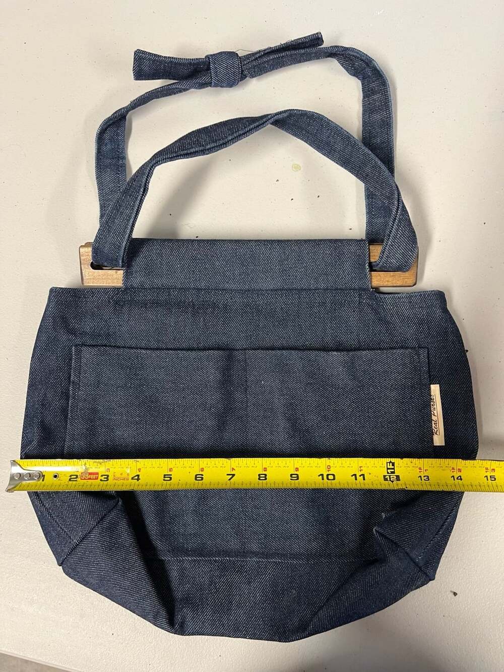 Vintage Real Purses Denim Purse with Wooden Handle and Blue Plaid Lining